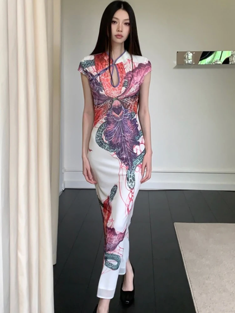 2026 Print Short Sleeve Hollow Out Stand Collar Long Dress Women Vintage Luxury Party Dress Summer Korean Elegant Evening Dress