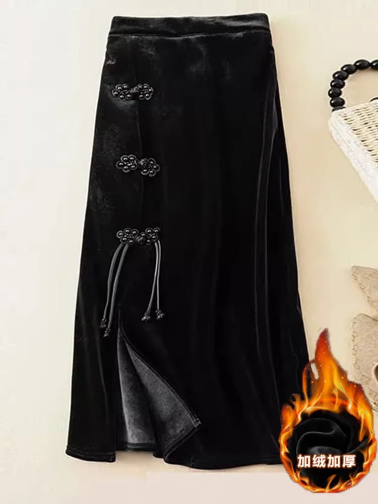 Women's High Waist Velvet Straight Long Skirt Fashion Female Skirts Elegant Autumn Winter Thick Fleece Skirts High Street D944