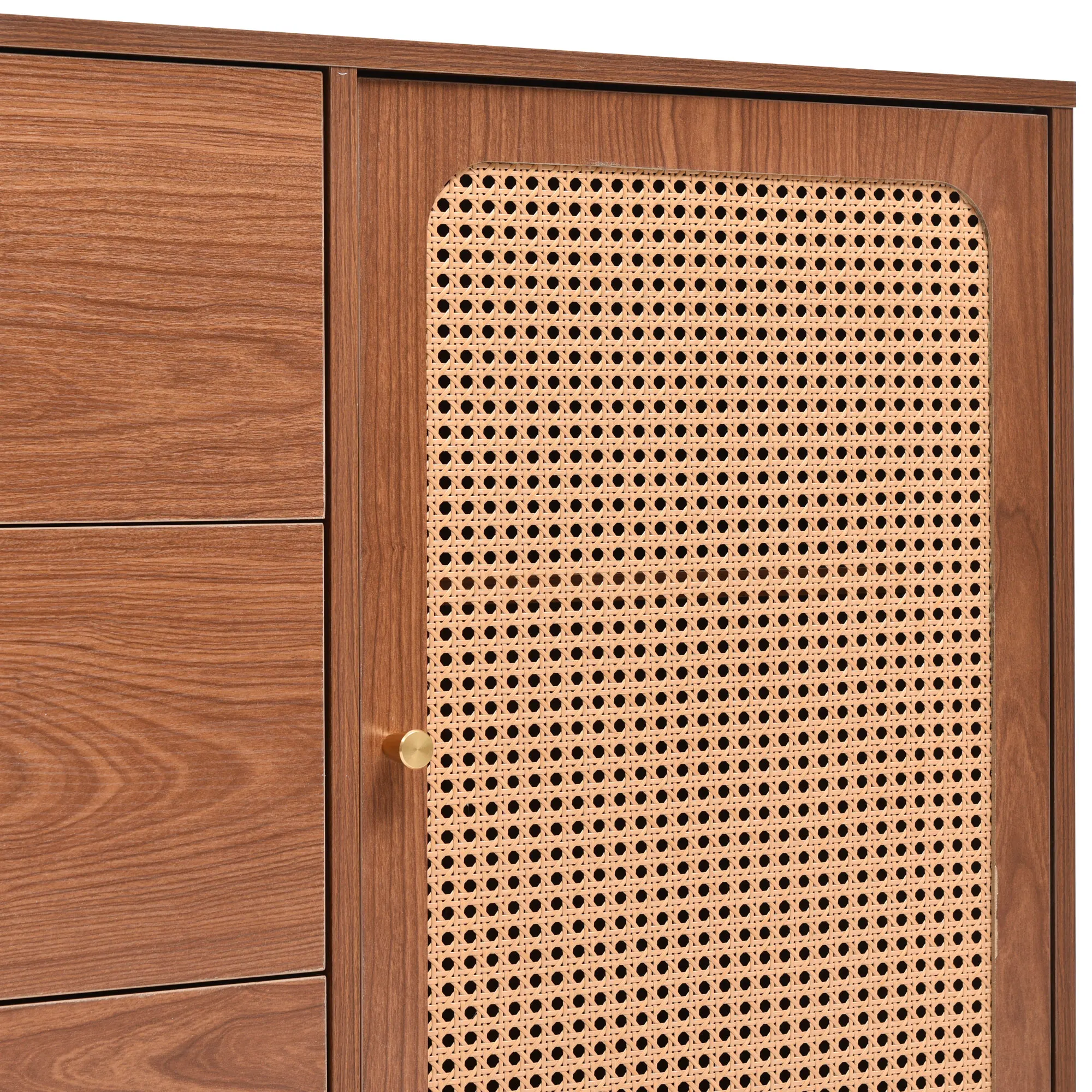 Kommode mit 2 Türen, 3 Schubladen, Rattanschränken, verstellbarem Regal, Walnuss-Finish – H90/B150/T40 cm. – Detail 8