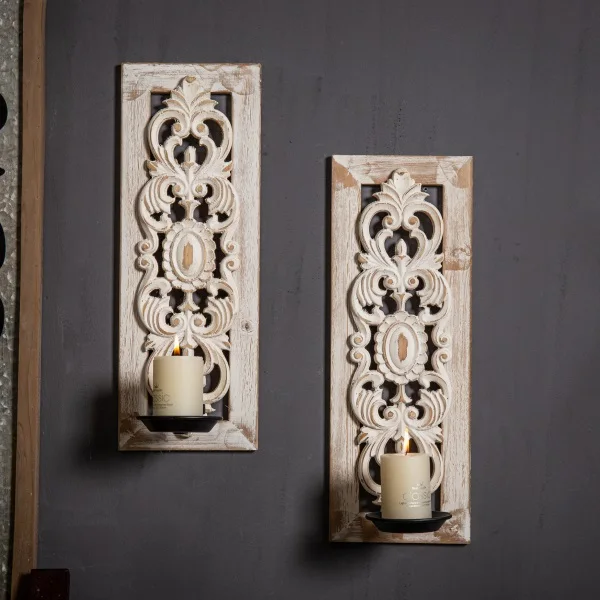 Candlestick Wall Decoration Farmhouse Wooden Pillar Candlestick Ornament Set 2 Rustic Wooden Wall Candlesticks