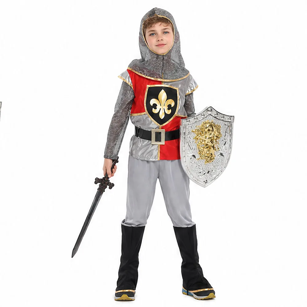 Disfraz de Caballero Templario Medieval para Niños, Traje de Guerrero para Halloween con Capa Roja y Cota de Piel
