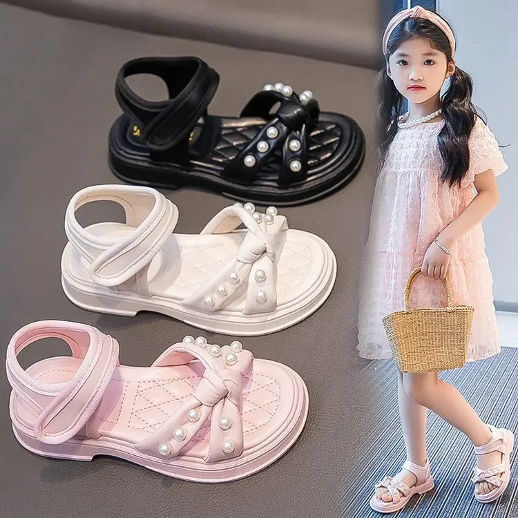 Little Girls Sandals 2025 Summer New Princess Shoes with Pearl for Party Wedding Kids Anti Slip Knot Beach Shoes for Vacation