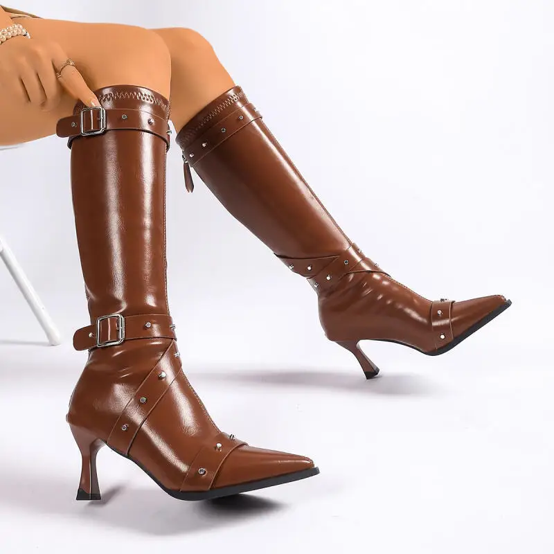 Punk Rivet Belt Buckle Decoration Knee-High Boots Women Sexy Pointed Toe Super High Heel Riding Boots Winter Brand Design Shoes - view 5