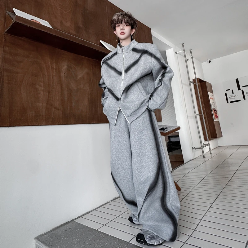 الرجال 2025 الخريف جديد 2 قطعة الوقوف طوق رسمت باليد فضفاضة طويلة الأكمام بلوزات الراحة السراويل الطويلة الرجال اللون مطابقة مجموعات #2