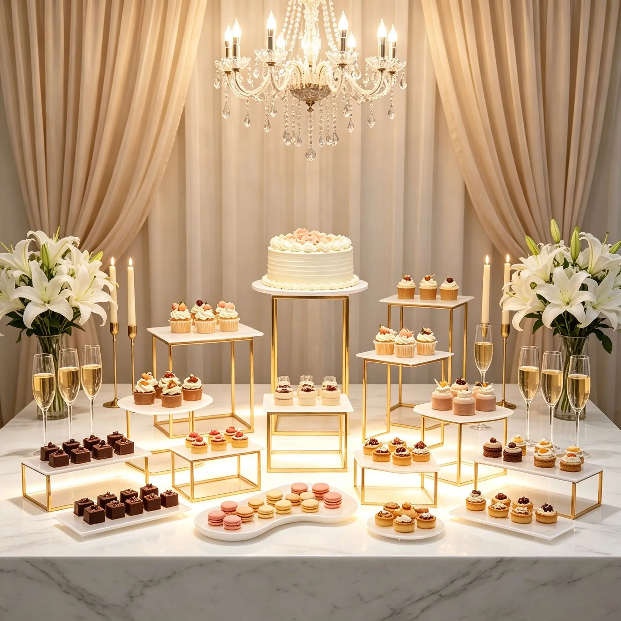 10-26pcs Metal Geometric Dessert Cake Table Display Racks White Acrylic Tray Garden Wedding Countryside Party Decoration