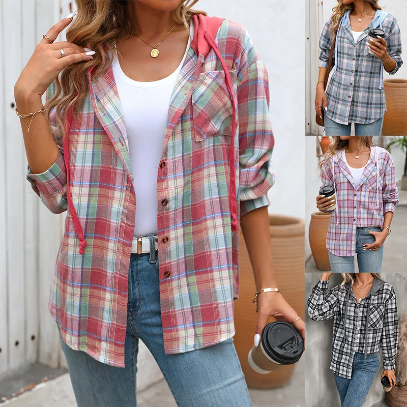 2026 women's autumn and winter new long sleeved pocket hooded jacket casual fashion oversized loose checkered printed coat