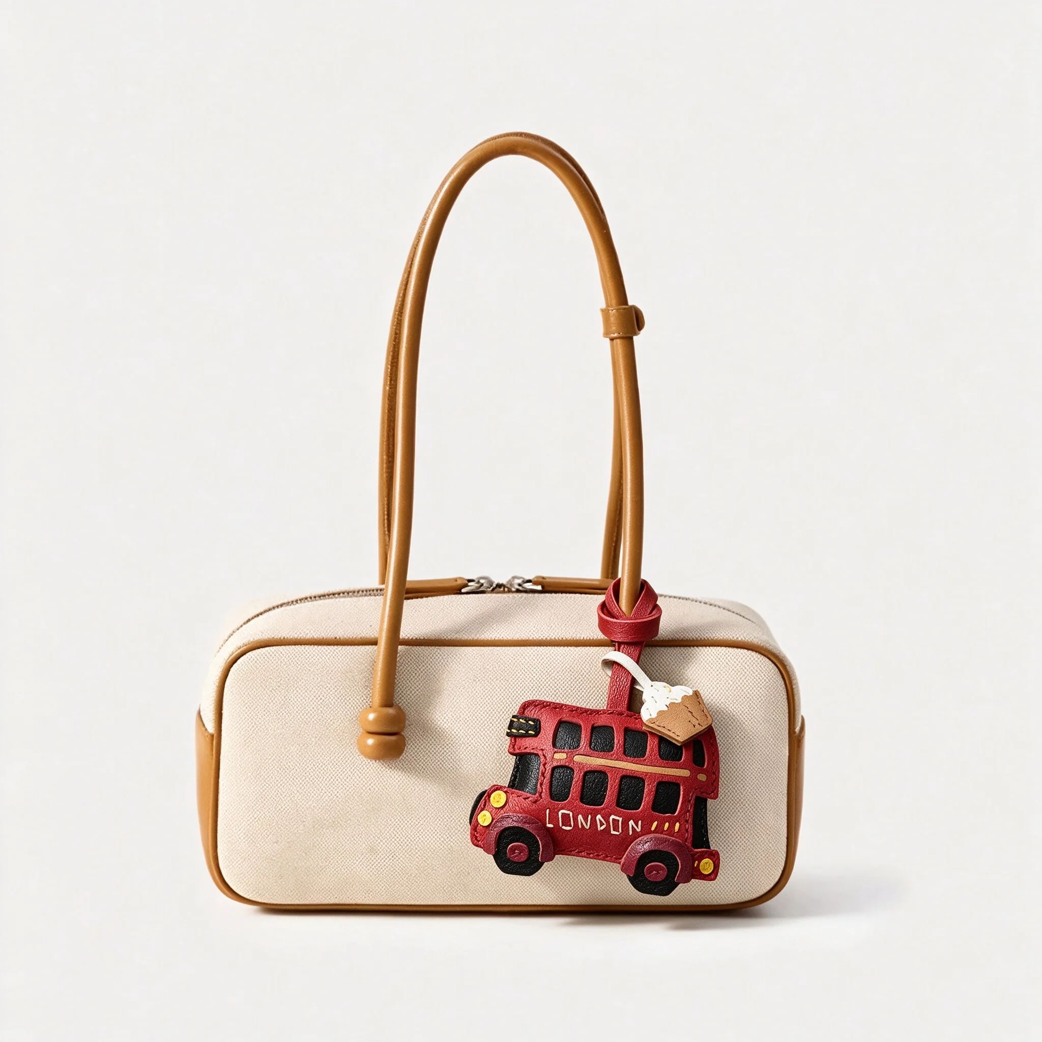 Handmade Leather Vintage Red London Double Decker Bus Bag Charm with Pastry Accent - Stylish Pendant for Handbags & Backpacks