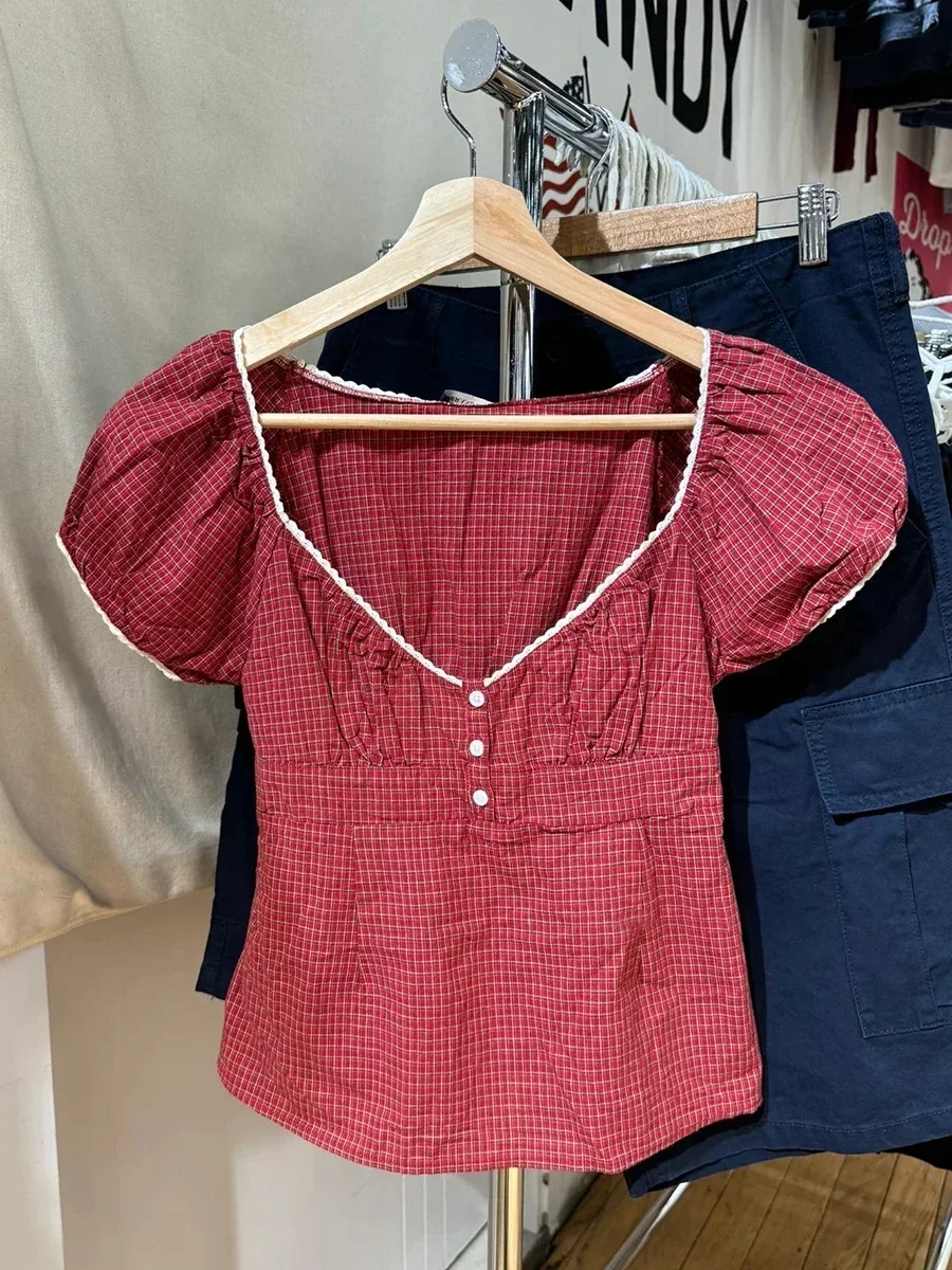 Women Red Plaid Lace Trim T-Shirt Blouse Three Buttons Square Neck Short Puff Sleeve Cotton Tshirt Summer Sweet Crop Tops Y2k image 3