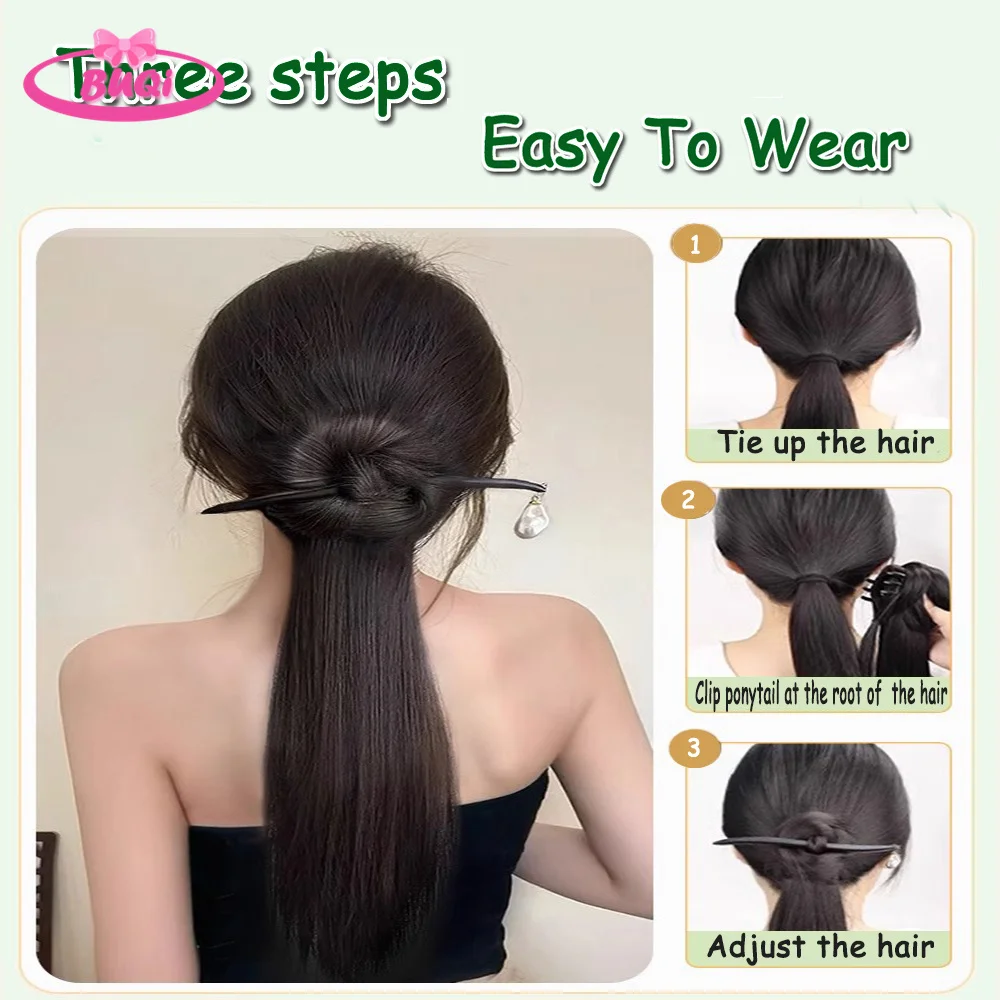 BUQI New Chinese Wig Hanfu Hair Extension With Ebonized Wood Hair Sticks Forks Integrated Hair Bun Ponytail For Girls