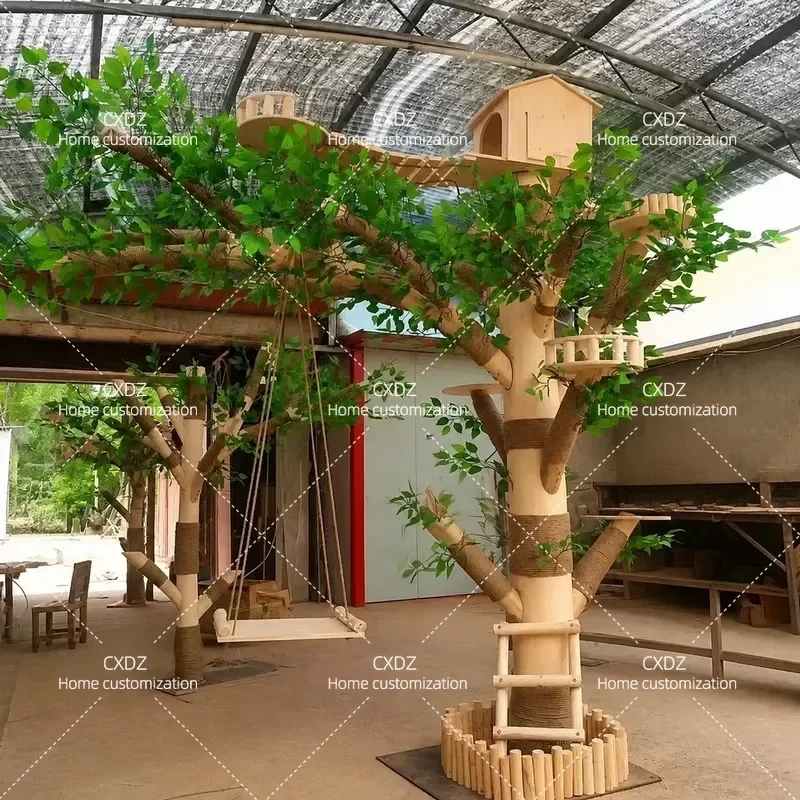 Solid Wood Cat Climbing Frame with Hammock Multi Layer Activity House Oversized Huge Outdoor Cat Tree Open Air Play Structure