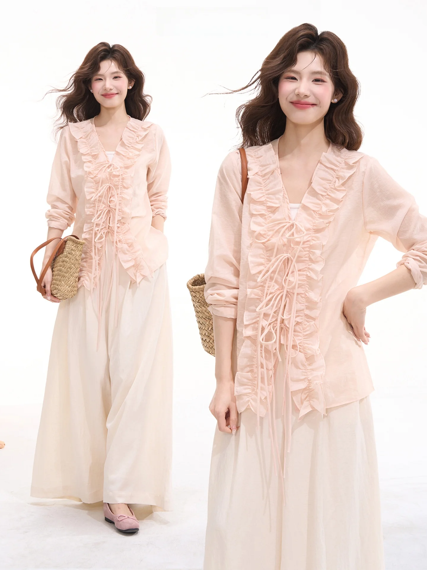 

Sweet Girl Style Long Sleeve Cotton Shirt Women's Soft Candy Moonlight Shirt Floral Lace Trim Sunscreen Women's Loose Fit Shirt