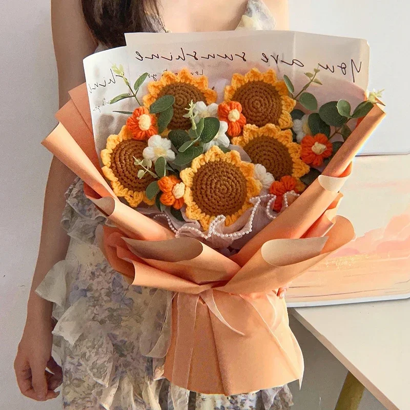 

Crochet Flowers Artificial Woven Flowers Wedding Gift for Guests Sunflower Bouquet Knitted Flower Graduation Bouquet Flores