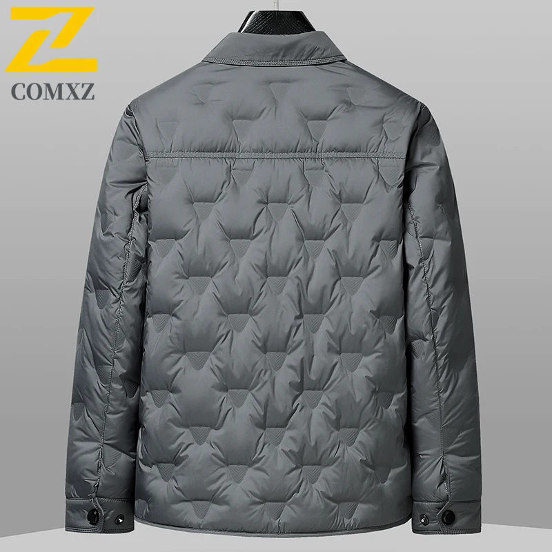 COMXZ Mens Down Jacket Premium Lapel Business Casual Ultra Light Puffer Coat Single Breasted Design Comfort Warm Winter Jackets