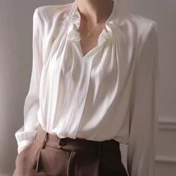 EVNISI Woman Elegant V-neck White Blouse Casual Long sleeved Office Shirt Loose Chic Party Pullover Tops For Woman 2024 Spring