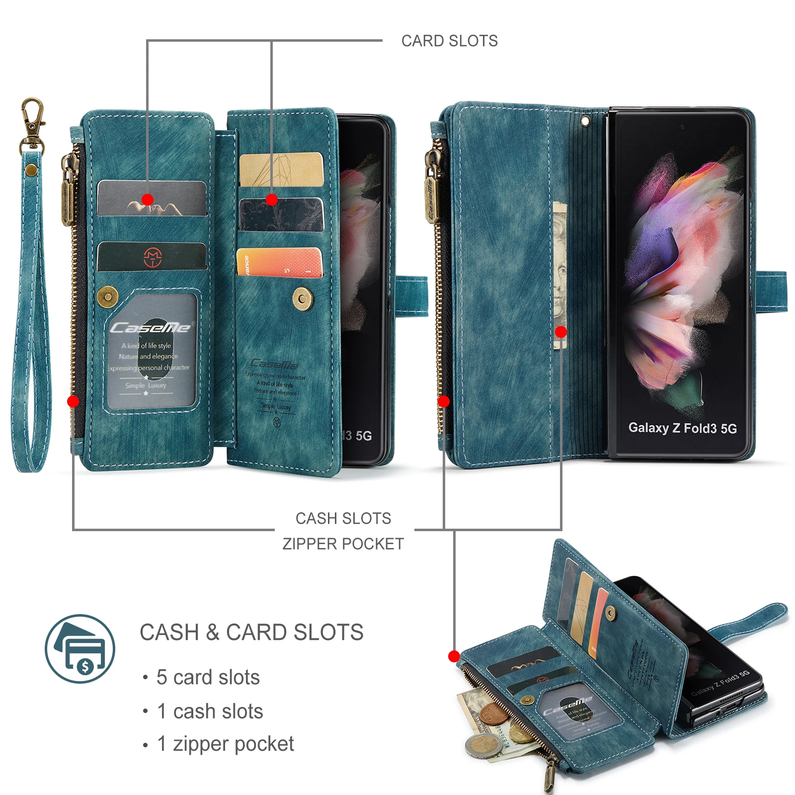 Wallet Case for Samsung Galaxy Z Fold 3 Vintage PU Leather Zipper Magnetic Closure Folio Wrist Strap Phone Cover Galaxy Z Fold3