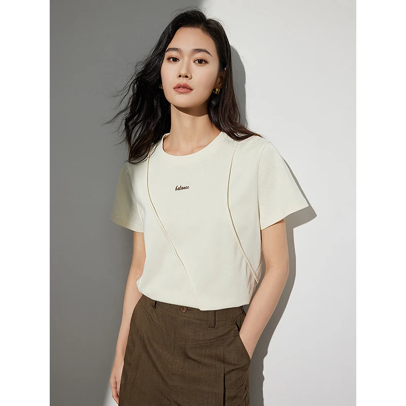 TOYOUTH Women Line Structural Sense T-shirt 2024 Summer Round Neck Casual Cotton Top