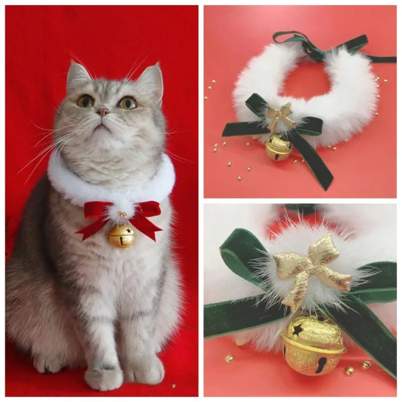 Christmas New Year Pet Collar, Red Velvet Bow with Bell for Cats Dogs, Handmade Party Decoration Necklace, Festive Plush Collar
