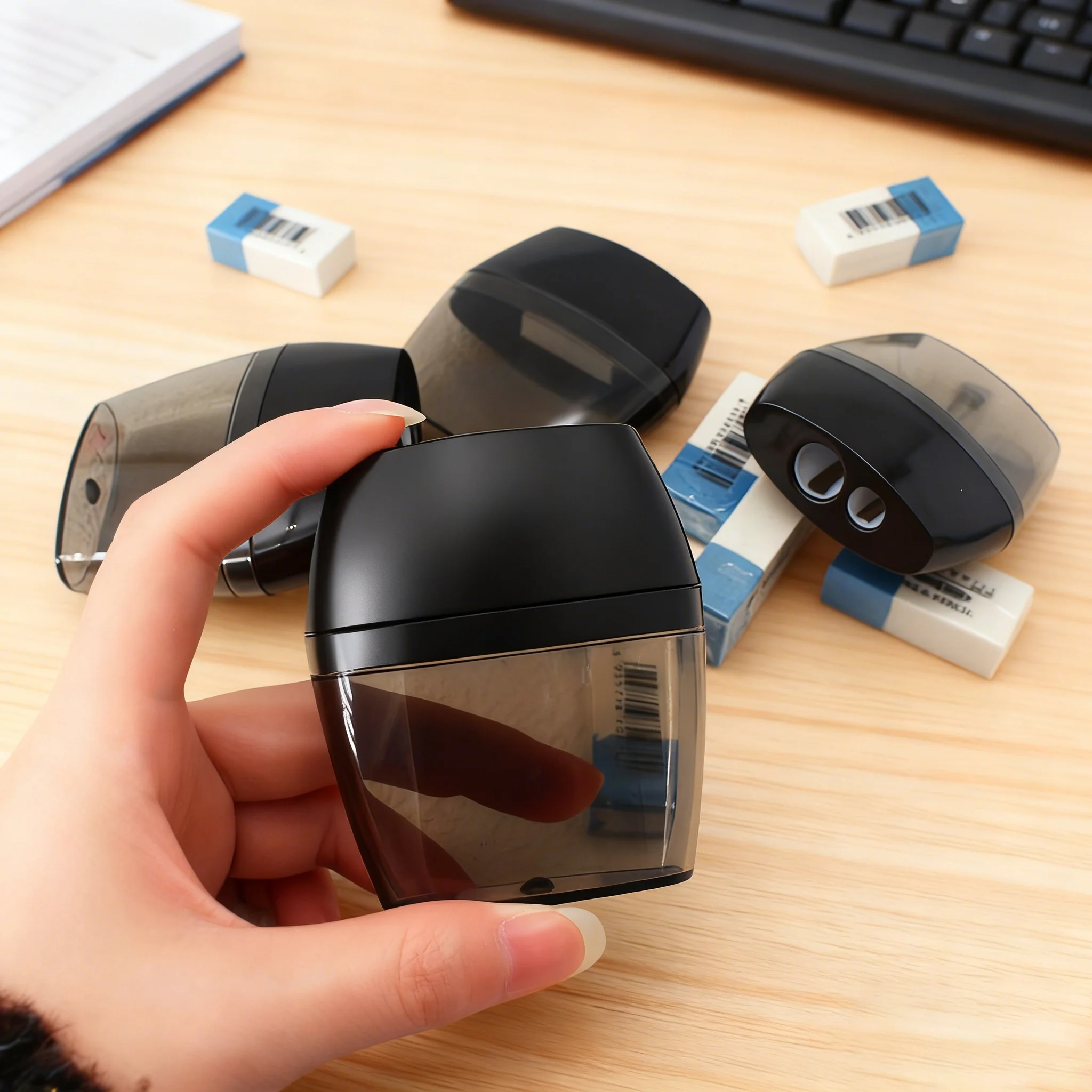 Black Double-Hole Pencil Sharpener and Blue&White Eraser | Office Desktop Essential
