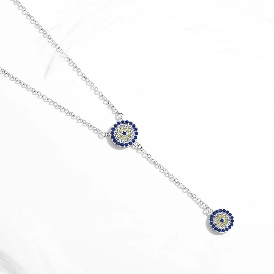 KALETINE 100% 925 Sterling Silver Necklace Women Luck Round Pendant Evil Eye Necklaces Blue Zircon Long Link Fashion Jewelry