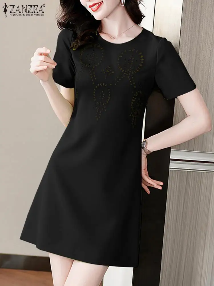 ZANZEA Solid Short Sleeve Robes Fashion Chic Hollow Out Vestidos 2024 Summer Women Mini Dress Elegant Collect Waist A-line Dress