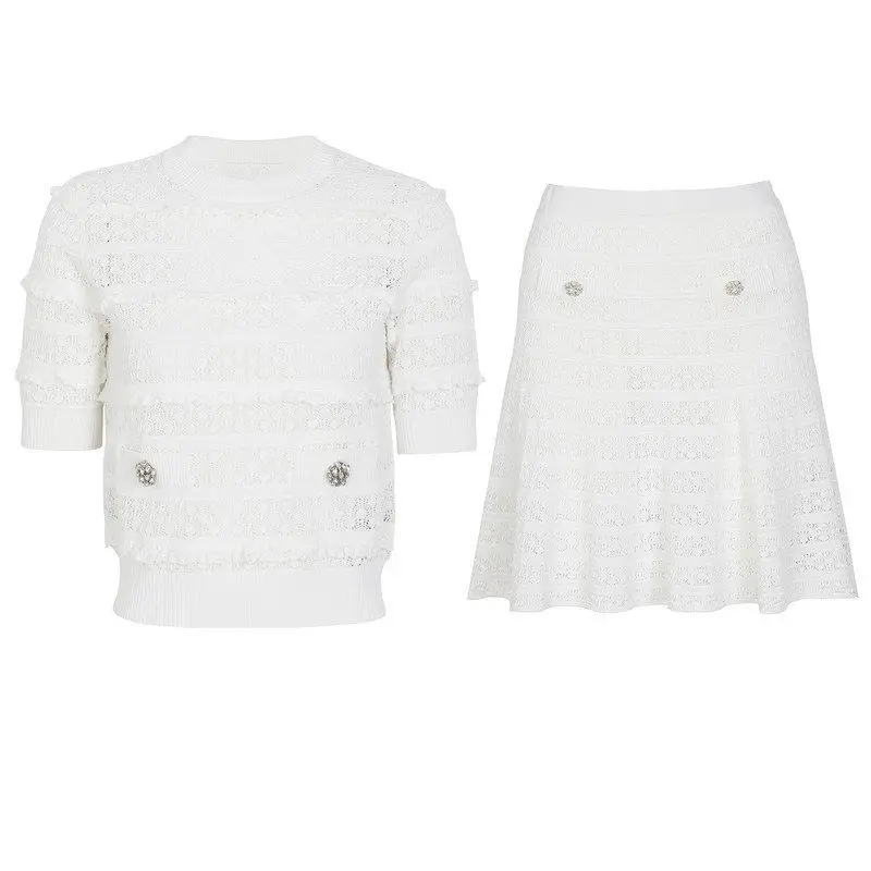 

Fashionable Heavyweight Embroidered Knitted Short Sleeve Top And Half Skirt Two Piece Set Summer New Arrival Women's Wear