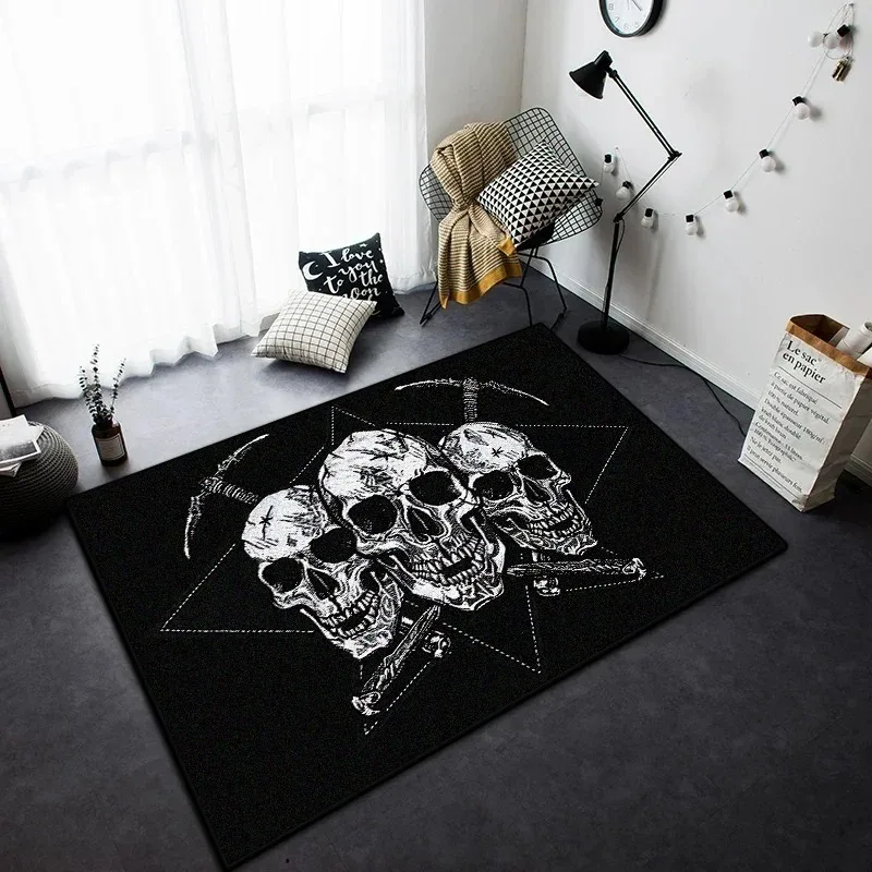 Gothic Skull Pattern Rug Non Slip Floor Mat Home Living Room Halloween Decor Cool Dark Style Carpet Durable Indoor Door Mat
