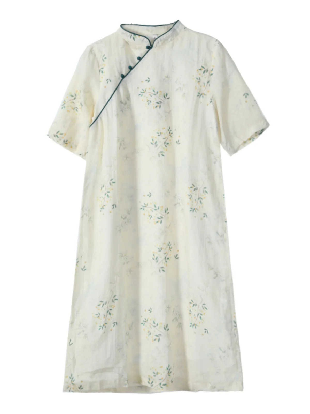 Ele dupla camada de linho algodão qipao dr estampa floral emagrecimento chinês sle comprimento médio saia linha a vintage commute