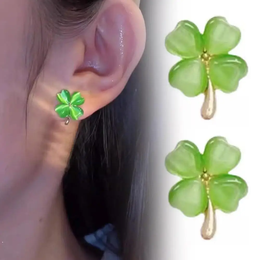 Anting Batu Mata Kucing Semanggi Empat Daun Baru Anting Ceruk Desain Indah Kecil Temperamen Wanita U0R2