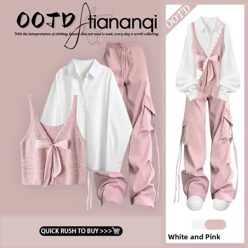 Conjunto de tres piezas de moda para mujer: chaleco de punto estilo brisa primaveral, camisa y pantalones de trabajo de cintura baja, ideal para un look casual de trabajo.