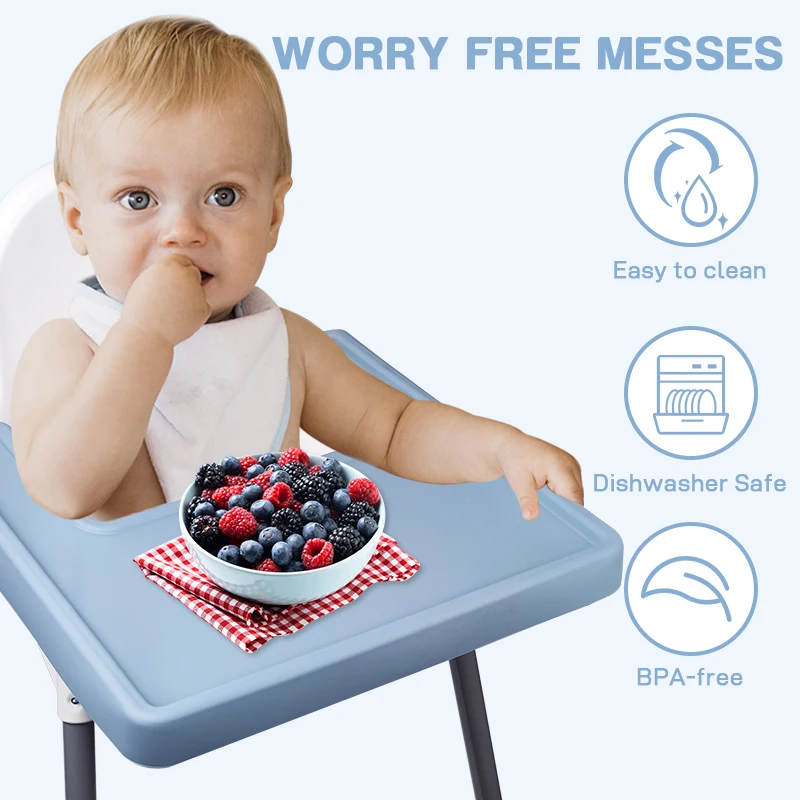 Full-coverage silicone placemat for IKEA high chairs—dishwasher-safe, BPA-free, designed for toddlers learning to feed themselve