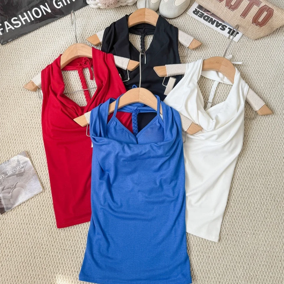 Summer New Style Hot Girl Neck Hanging Design Integrated Slim Fit Vest Women's Chest Pad Top Cotton Nylon Spandex Blend
