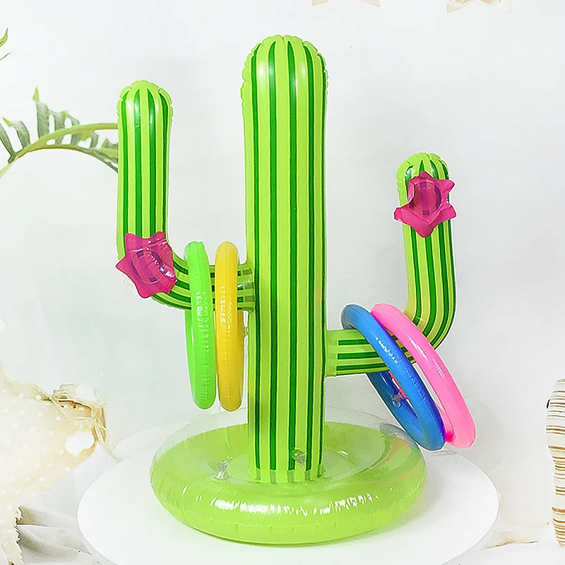 Inflatable Cactus Ring Toss Game Toy Swimming Pool Fun Toy Hawaiian Beach Party Decor Prop Plaything Air Mattress With 4 Circles