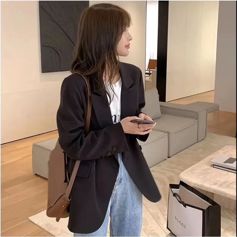 Insozkdg Women Coat Spring Autumn Loose Design High-end Sense Shoulder Pad Jacket Commuter Office Lady Double-breasted Blazer