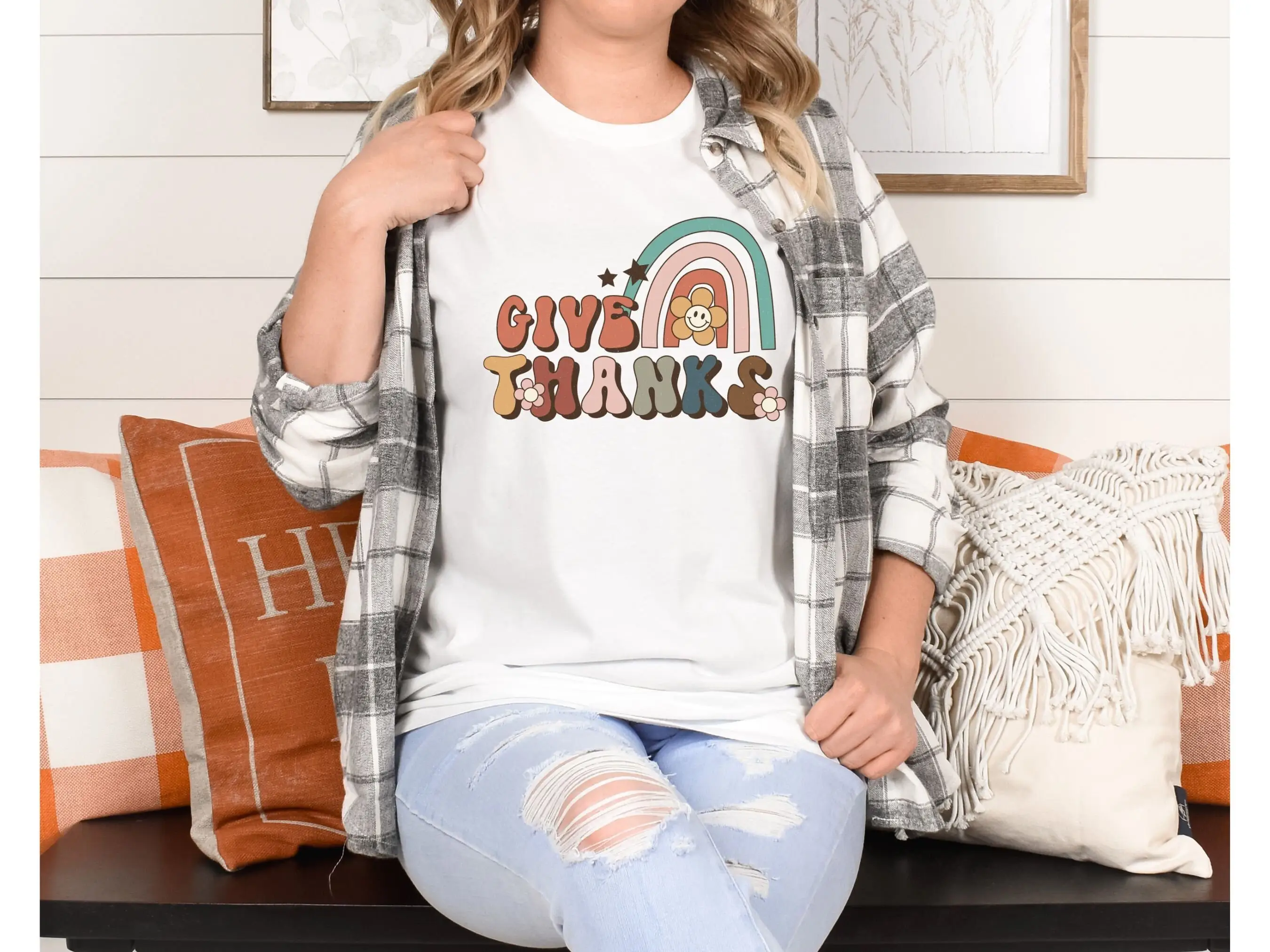 Thanksgiving T Shirt Give Thanks BOHO Retro Vintage Thankful Rainbow