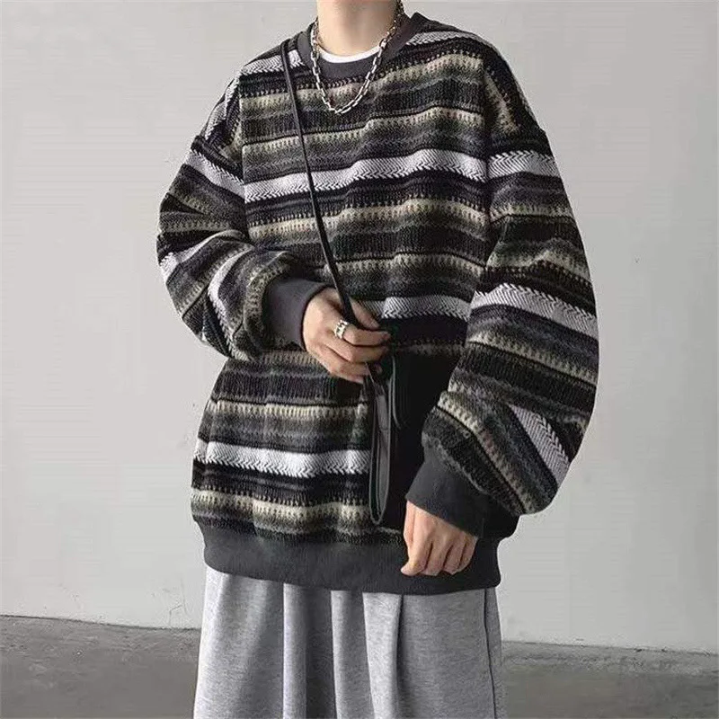 Spring Autumn Striped Casual Hip Hop Oversized Sweatshirt Man Harajuku Streetwear Korean Tops Fashion Pullover Ropa De Hombre