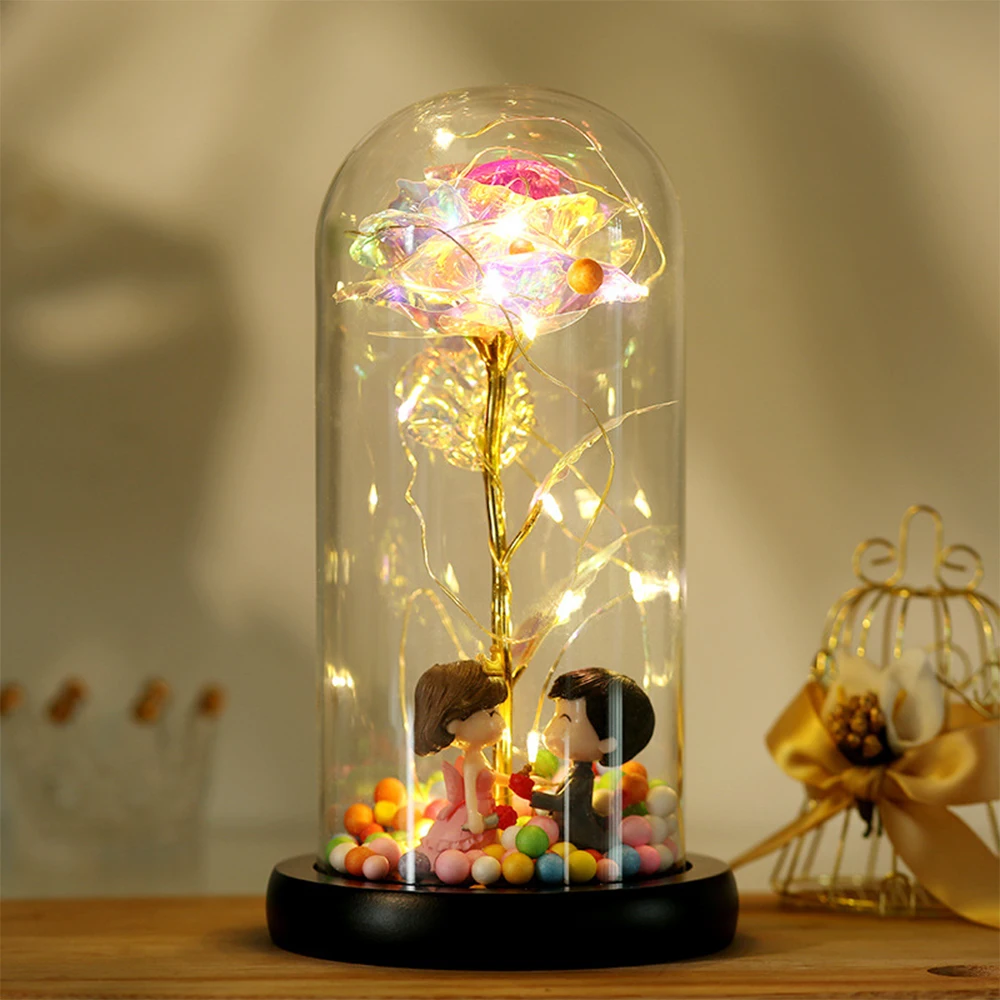 Eternal Rose Artificial flower glass cover decoration LED Light Foil Flower In Glass Cover Wedding Valentine's Day Mother's Gift