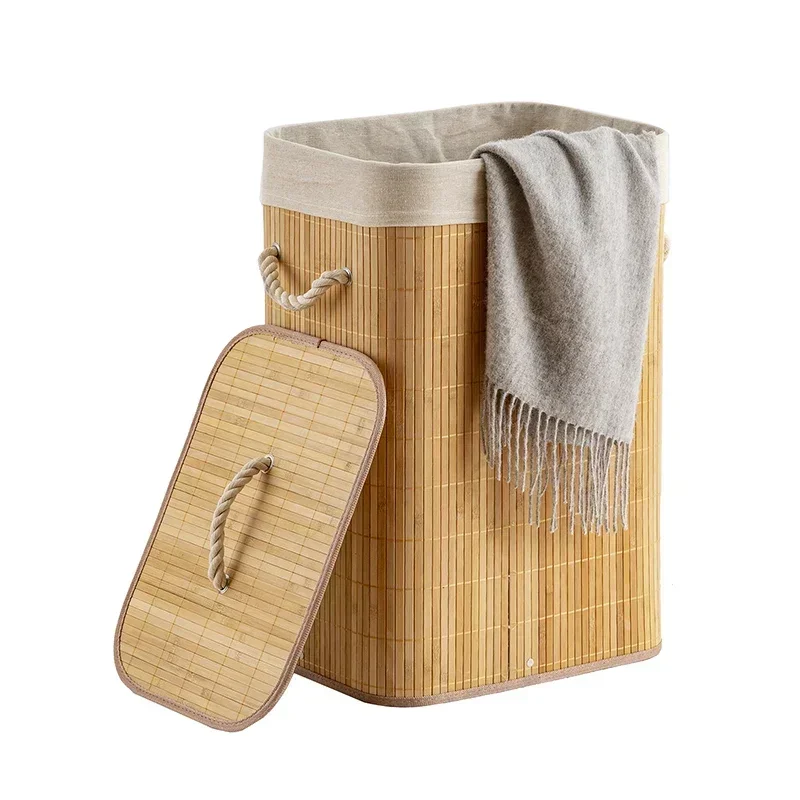 Bamboo Woven with Cover Laundry Basket Cotton Lining Organizer Boxes Handle Design Clothes Basket Versatile Storage Basket