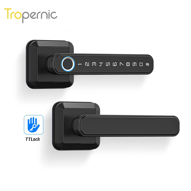 

Wireless Smart Blue Tooth Ttlock Door Handle Lock Biometric Fingerprint Password App Keyless Entry Lever Home Security Silver