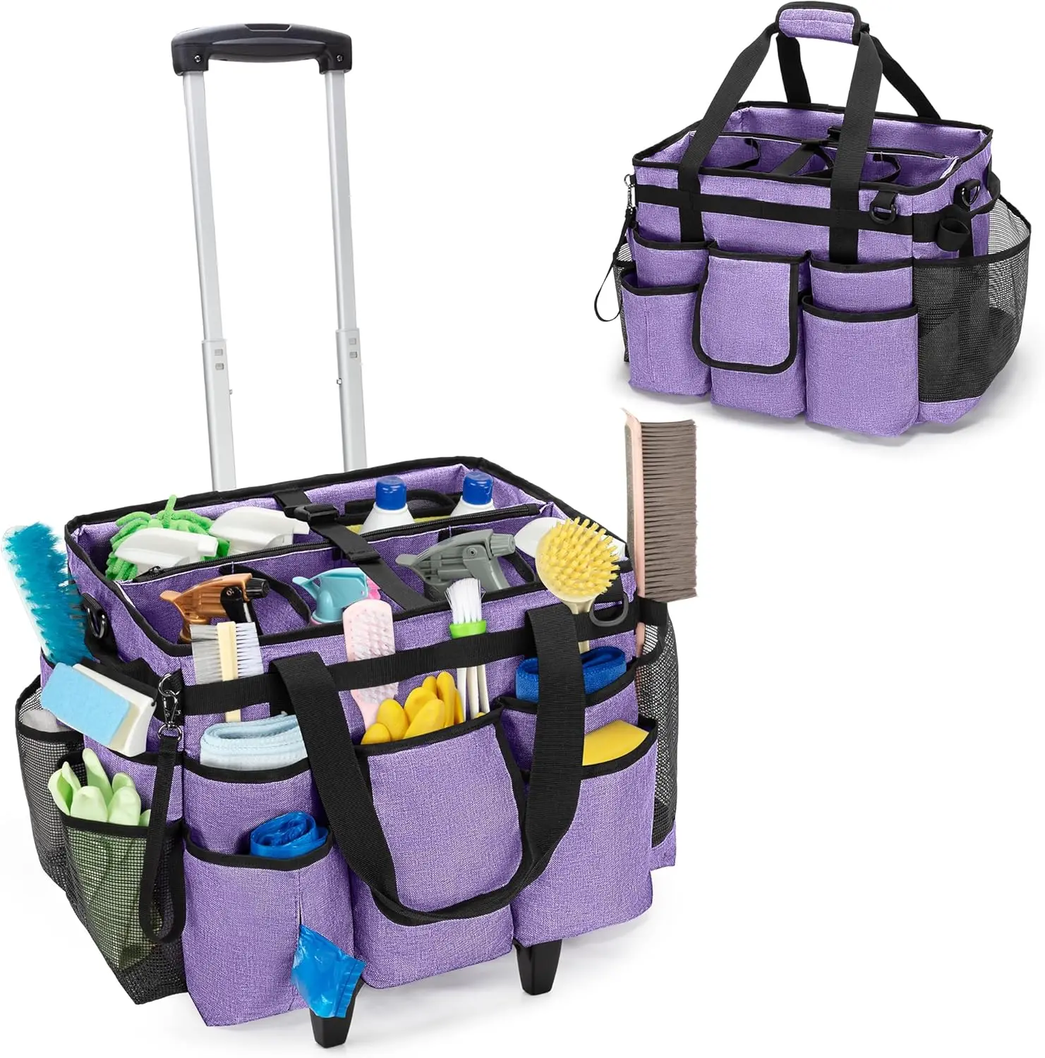 

Detachable Trolley Rolling Cleaning Bag with Adjustable Height, Large Storage for Housekeeping Supplies in Purple