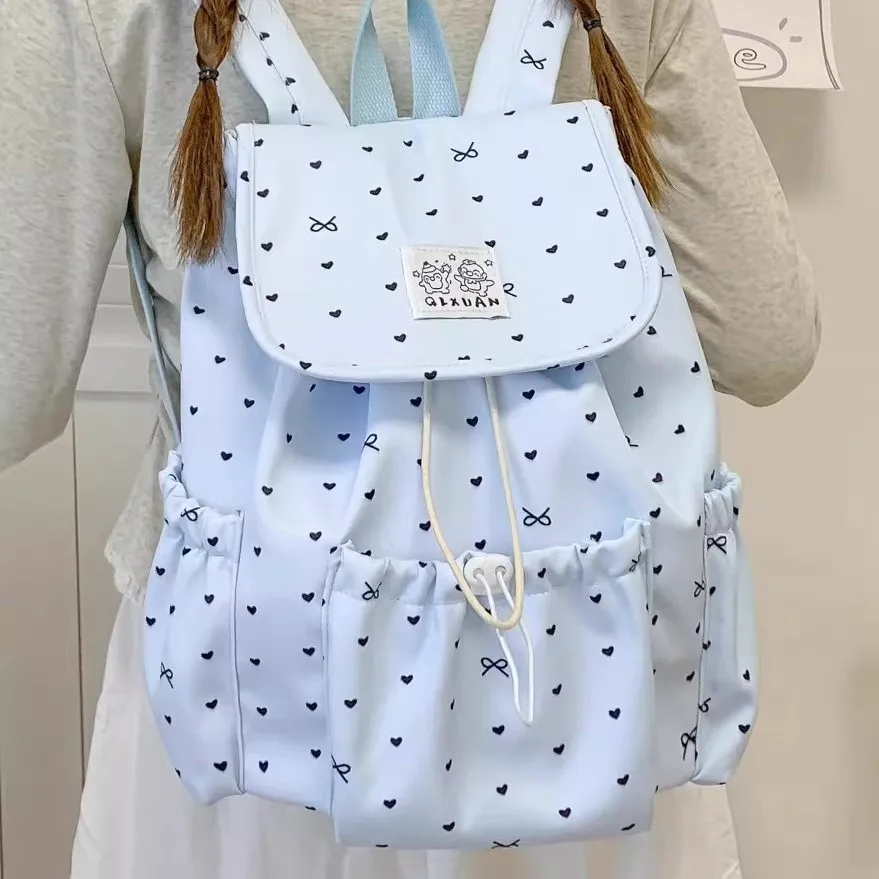 Women's Heart & Bow Print Backpack, Drawstring Flap School Bag, Cute Casual Daypack for Teens & Students