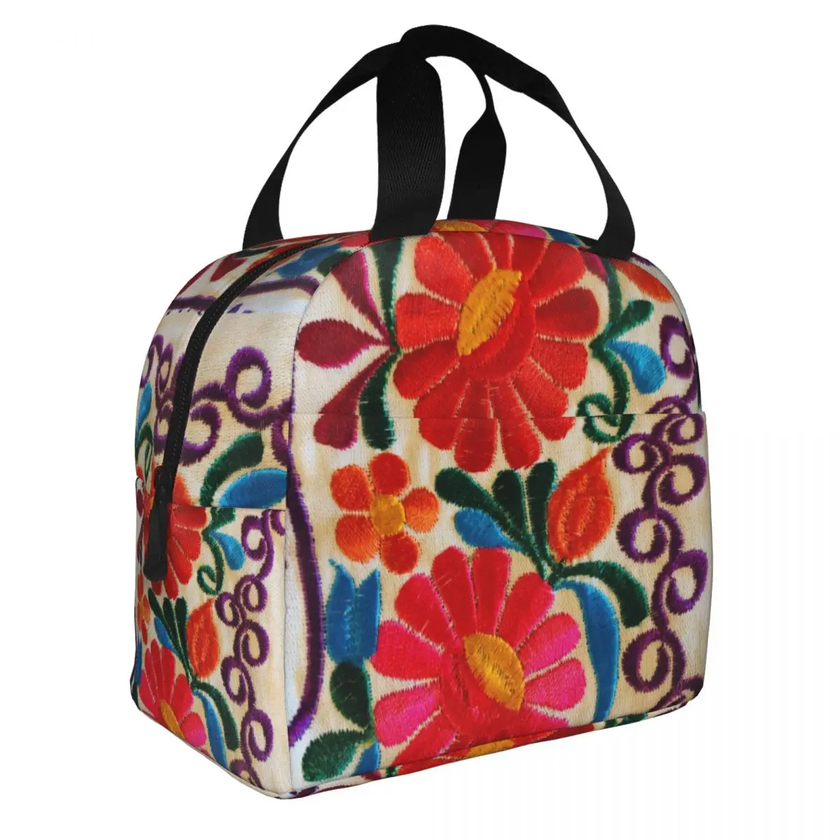 Custom Mexican Flowers Thermal Insulated Lunch Bag Women Resuable Lunch Container for Outdoor Camping Travel Storage Food Box