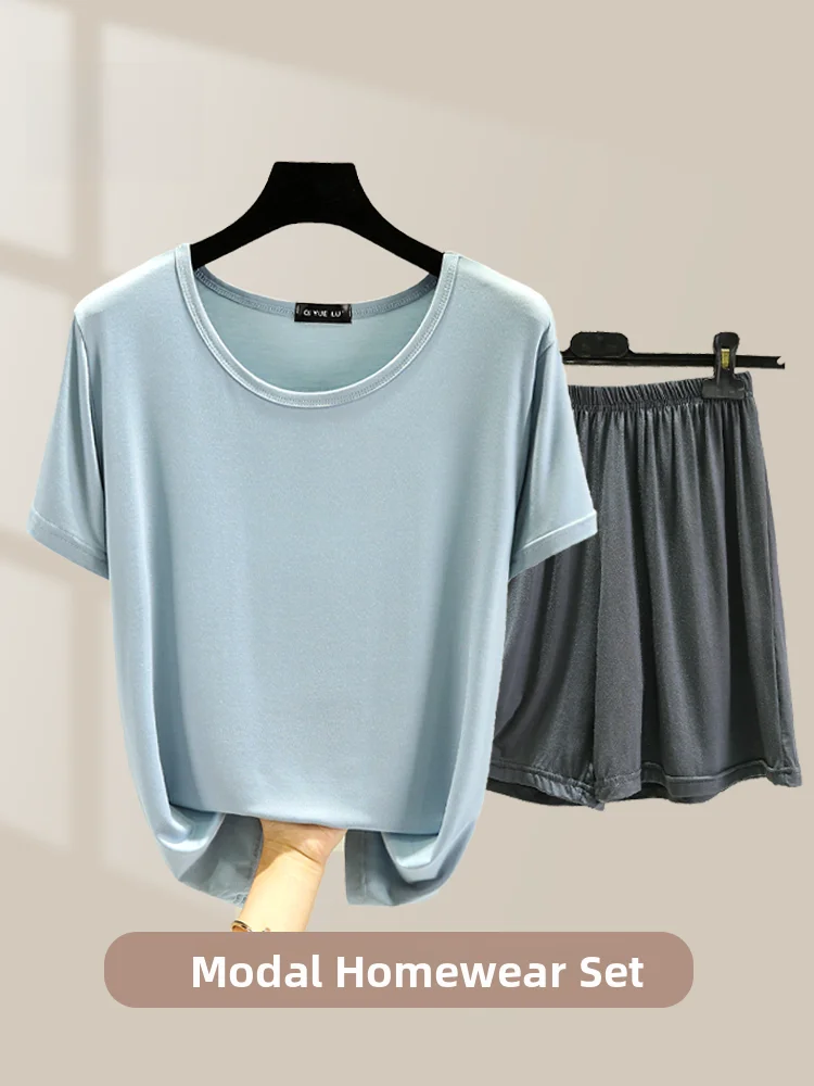 

Lightweight Modal Short Sleeve T-Shirt Women Summer Loose Bottom Shirt Shorts Casual plus Size round Neck Sleepwear Set