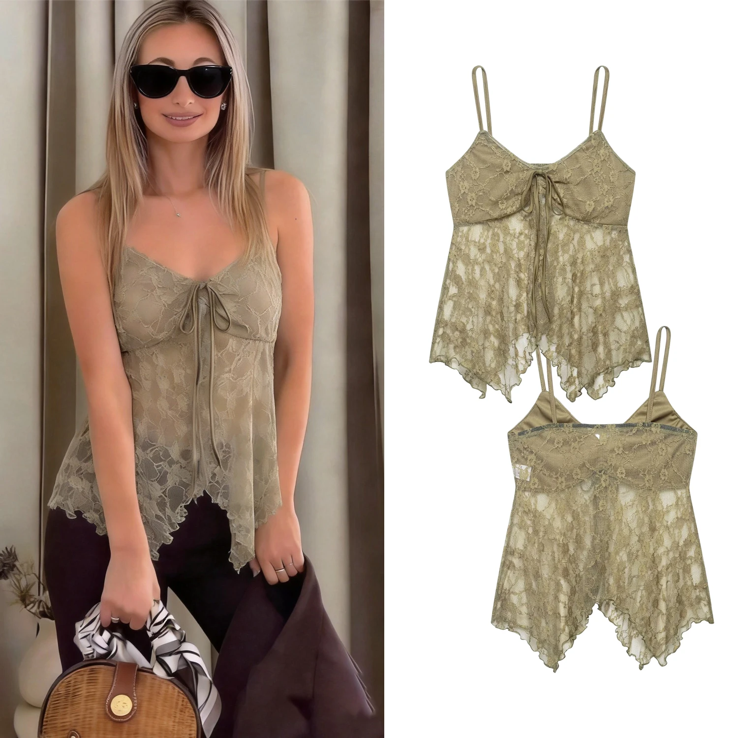 Women's Green Lace Patchwork Camisole Top Sexy Sleeveless Vest Summer Fashion Trendy Streetwear Slim Fit Female Slip Vest