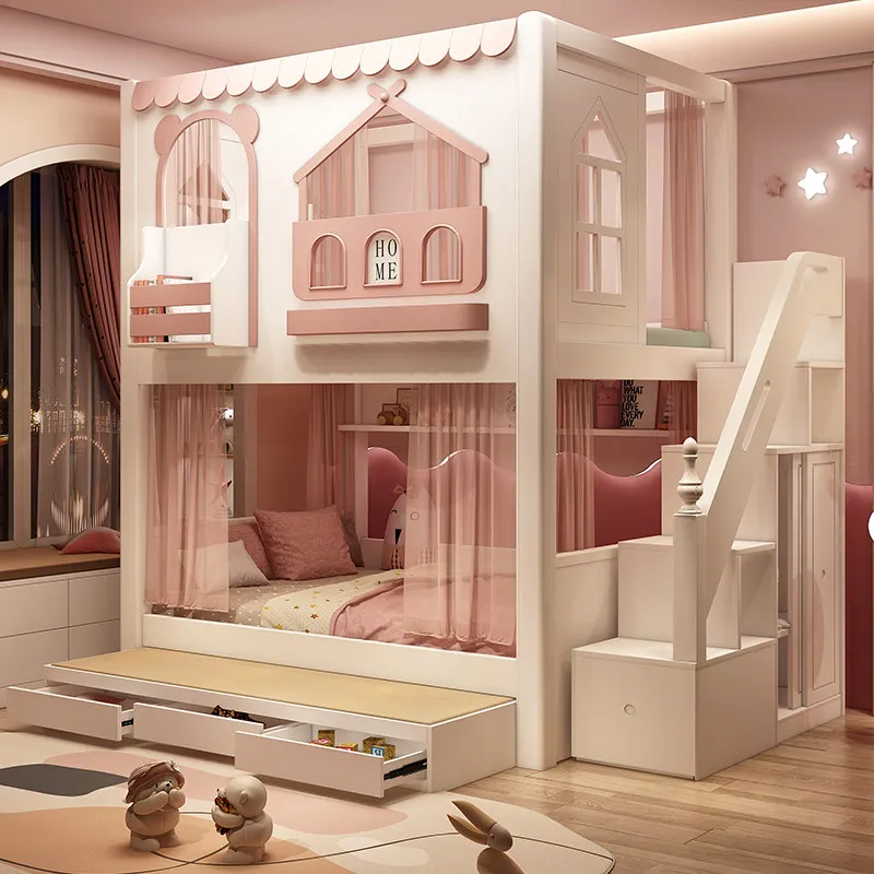 CustomizableKids Castle Bed, Boys & Girls Bunk Bed, Upper and Lower Bunk with High Guardrail, Tree House Bed for Boys and Girls