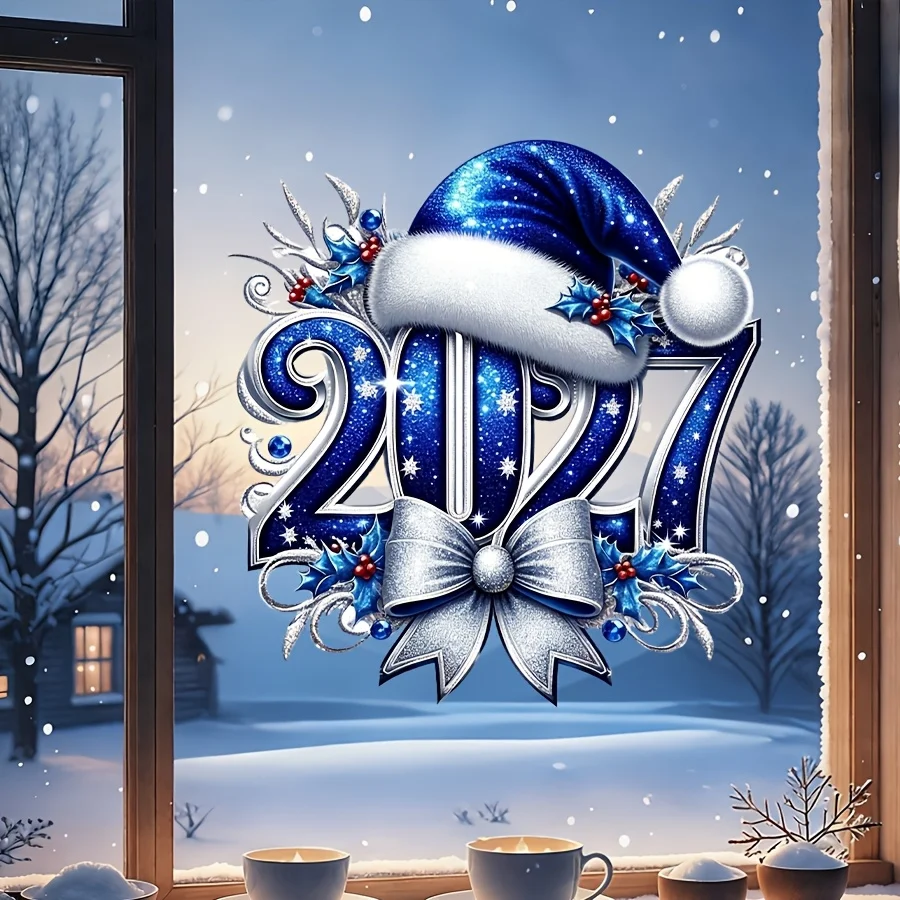 1PC 2027 Christmas Window Sticker Blue Santa Hat Bow Decal Removable Self‑Adhesive New Year Glass Window Decor for Home Party view 3