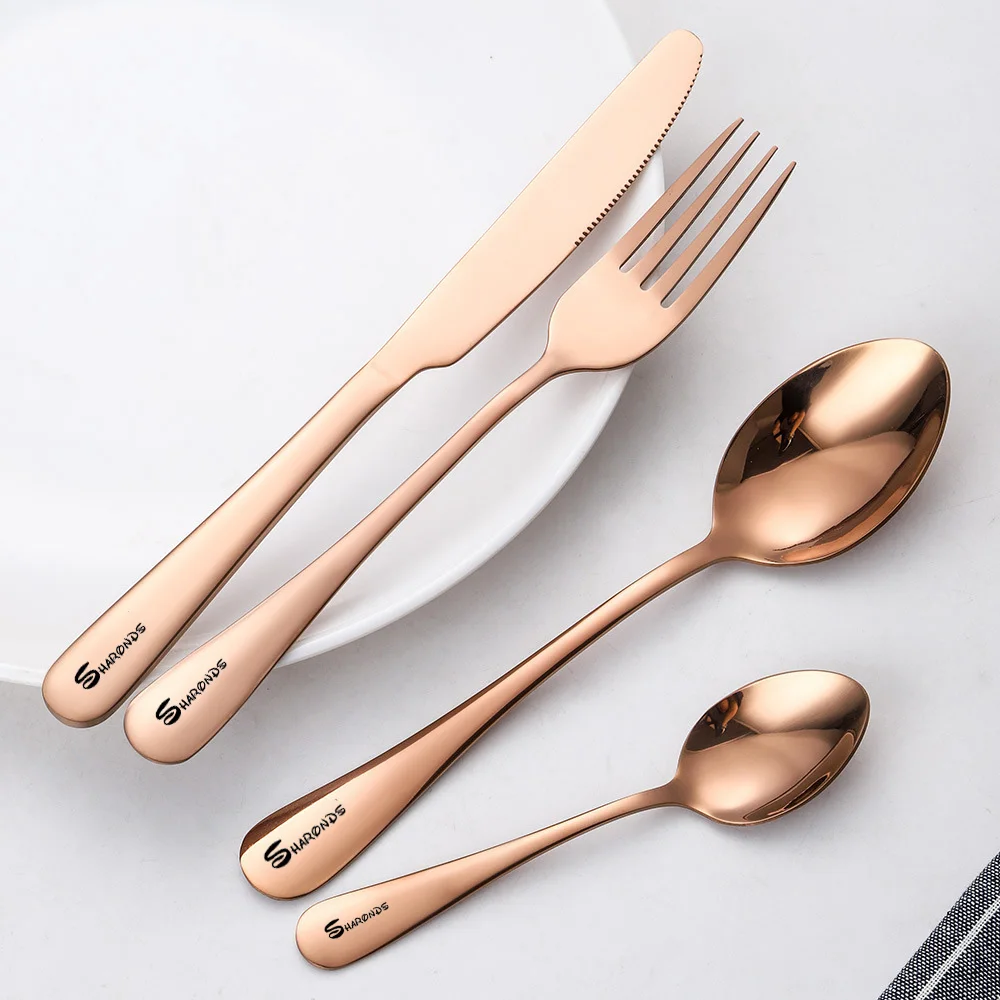 SHARONDS Gold Plated Cutlery Set Kitchen Utensils Stainless Steel Western Tableware Sliver Fork Spoon Dishwasher Safe