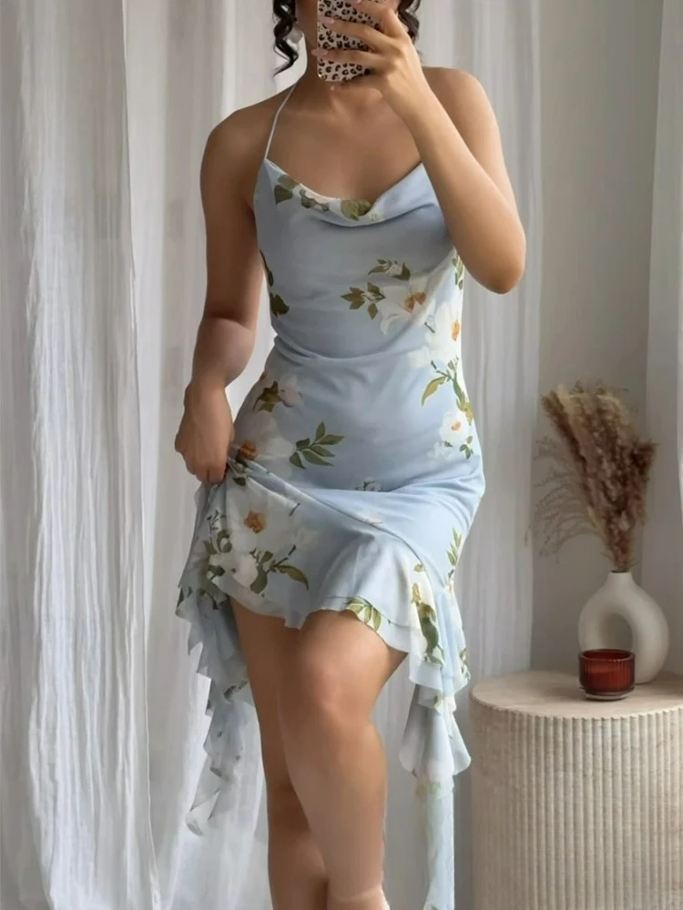 KONDALA elegante Casual mujer Cami vestido estampado sin espalda asimétrico con volantes Mini Vestidos nueva moda 2025 vestido de playa de vacaciones de verano