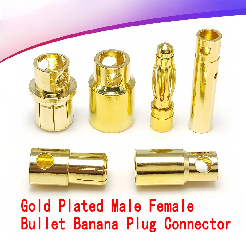 

2.0mm 3.0mm 3.5mm 4.0mm 5.5mm 6.0mm Gold-Plated Bullet Banana Connectors in Various Sizes for ESC Lipo RC Batteries and Motors