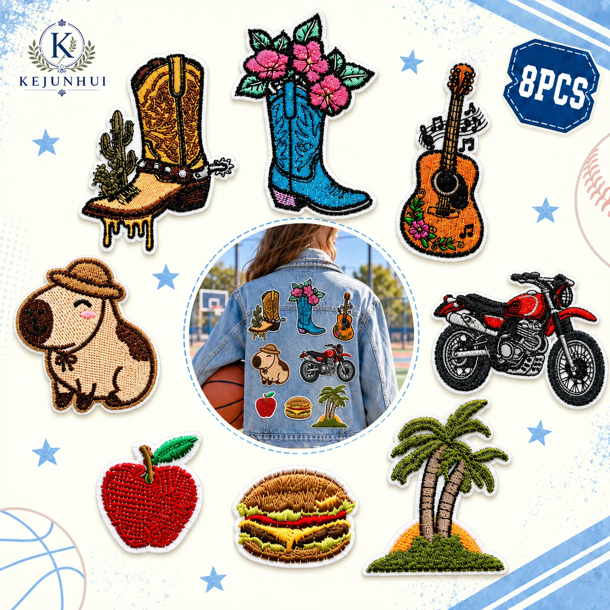 8PCS Western Cowboy Embroidered Patches Iron On Sew On Applique Badges Clothes Jacket Backpack Hat DIY Motorcycle Guitar Boots