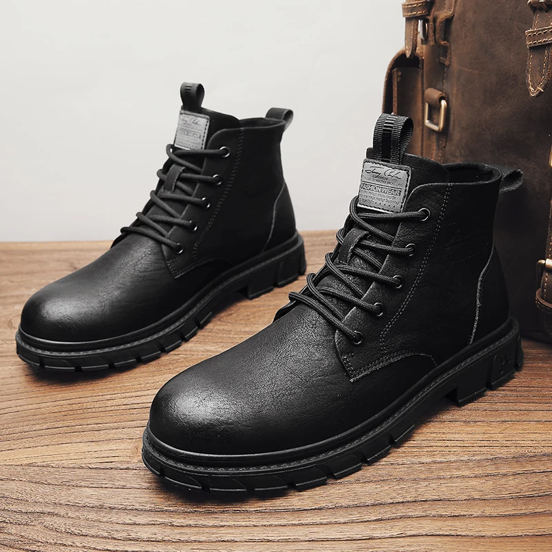 

Cowboy Boots Men Black Leather Combat Boots High Top Lace Up Ankle Boots, Thick Sole Comfort Street Style Outdoor Hiking Autumn